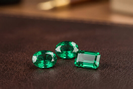 Three faceted green emerald gemstones on dark surface