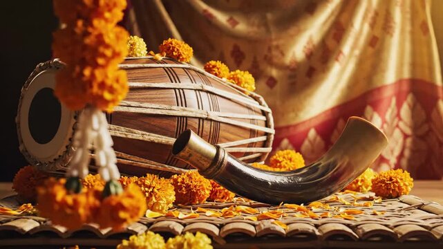 Festive dhol and pepa instruments with marigold garlands, celebrating rongali bihu in a vibrant assamese still life.