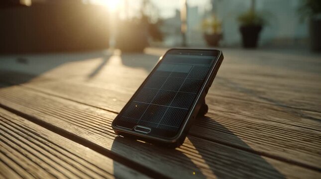 Close-up of a modern smartphone wooden deck charging via small foldable solar panel, golden sunlight reflecting device, shallow bright, minimalistic outdoor background, eco-friendly lifestyle