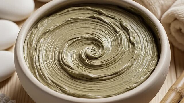 Close up overhead view of smooth creamy green clay mud mask texture swirled in white ceramic bowl natural spa beauty treatment concept with bamboo and rolled towels background