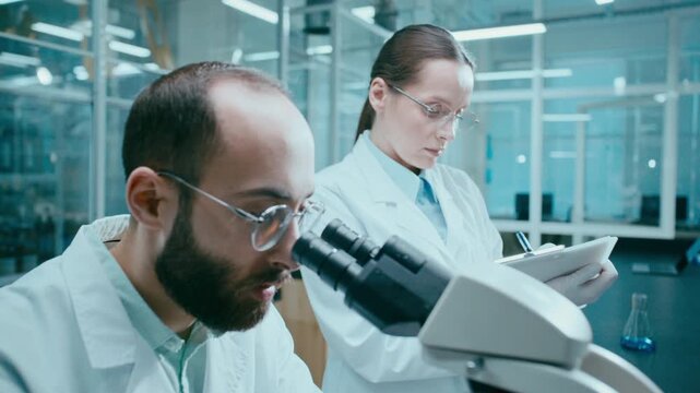 Two professional scientists performing research together in laboratory, man using microscope and talking to female colleague recording data on clipboard