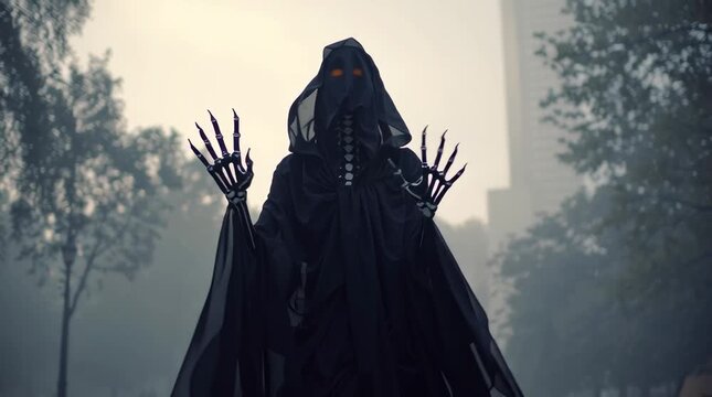 Grim Reaper reimagined avant-garde fashion icon, flowing black sculptural cloak, glowing skeletal hands, dramatic pose walking foggy urban park dusk, cinematic shadows ethereal mist high-resolution 4k