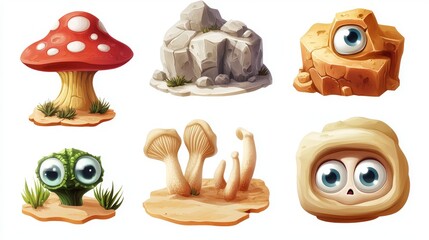 A collection of glossy 3D game icons representing desert landforms, a mushroom rock, a wind-carved yardang, and a sand dune, friendly cartoon style with big eyes and highlights, arranged neatly on a
