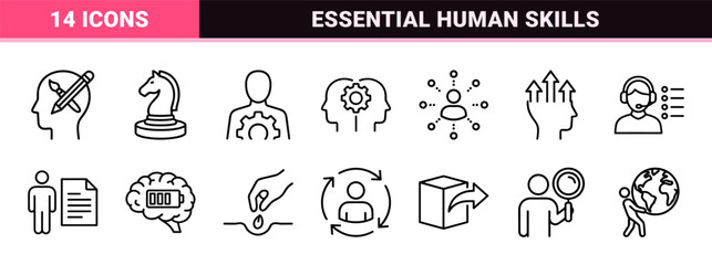 Fototapeta premium Soft Skills and Professional Development Minimalist Monoline Icon Set featuring Leadership, Teamwork, and Emotional Intelligence Symbols.