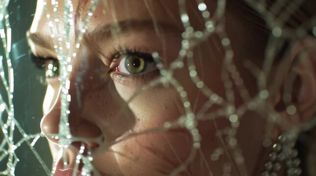 High-fashion model looking broken/frosted glass window, face partially reflected. Soft, dramatic lighting reflections refractions, artistic editorial styling cinematic angles shallow focus 4K abstract