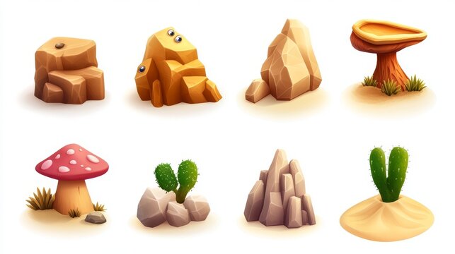 A collection of glossy 3D game icons representing desert landforms, a mushroom rock, a wind-carved yardang, and a sand dune, friendly cartoon style with big eyes and highlights, arranged neatly on a