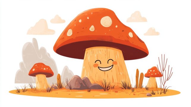 A whimsical cartoon illustration of a giant, smiling mushroom rock in a desert, with smaller yardangs and sand dunes in the background, simple rounded shapes and a playful style, clean vector art,
