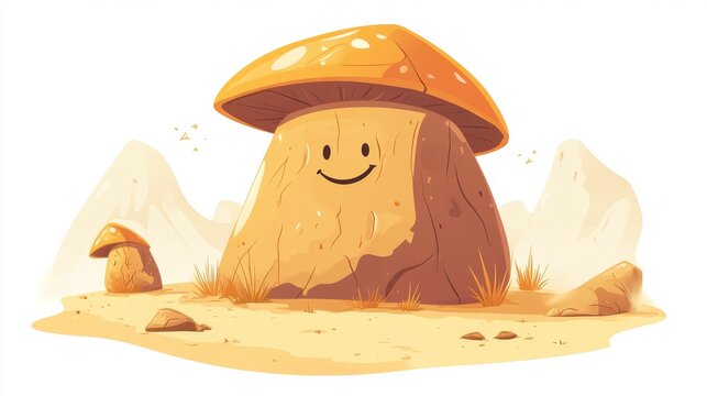 A whimsical cartoon illustration of a giant, smiling mushroom rock in a desert, with smaller yardangs and sand dunes in the background, simple rounded shapes and a playful style, clean vector art,