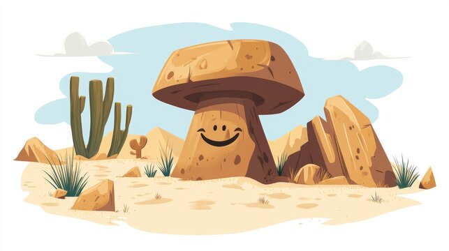 A whimsical cartoon illustration of a giant, smiling mushroom rock in a desert, with smaller yardangs and sand dunes in the background, simple rounded shapes and a playful style, clean vector art,
