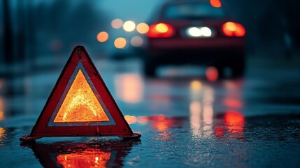 Shallow depth of field photo focusing on a red emergency warning triangle standing on a wet asphalt road, a car with its hazard lights flashing is blurred in the background, realistic lighting and