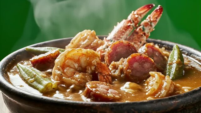 Close Up Spicy Seafood Gumbo In Rustic Bowl With Shrimp Sausage And Okra Steaming In Warm Lighting On Green Background Food Commercial