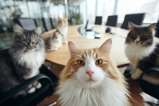 Cats sitting around office meeting table