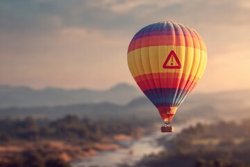 Obraz premium A warning icon printed on a colorful hot air balloon floating above landscape at sunrise