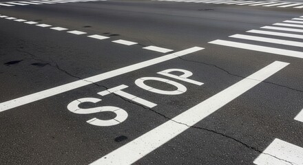Fototapeta premium Street Stop Sign At Pedestrian Crossing With White Lines