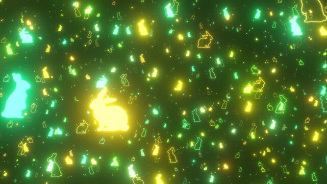 Flying Through Easter Bunny April Spring Neon Green Glowing Shapes - 4K Seamless VJ Loop Motion Background Animation
