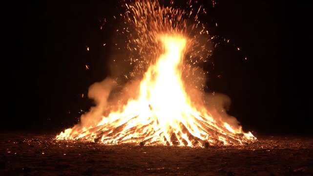 A towering bonfire blazes brightly at night, with sparks flying into the darkness