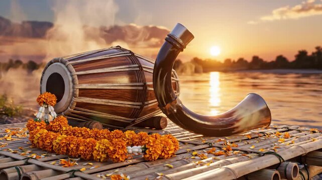 Traditional assamese bihu instruments and marigold garland by a golden river at sunset, celebrating rongali bihu.