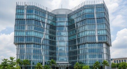 Fototapeta premium Striking Modern Office Building Facade Reflecting Sky and Nature