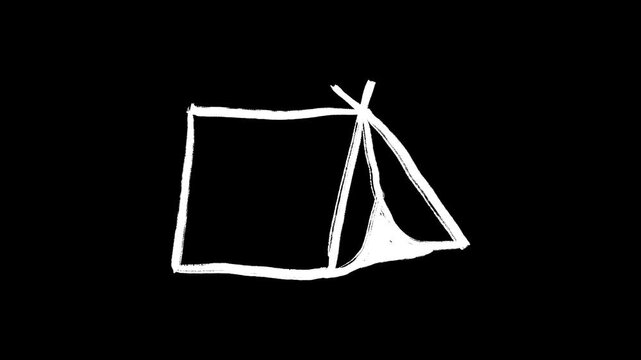 Hand-Drawn Scribble Tent Video Chalk Texture, Camping, Shelter, Outdoors, Adventure, Hand Drawn on Black Background.