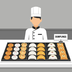 A chef in a white uniform stands behind a display of various dumplings and pastries, ready to serve customers. © Riftadevi