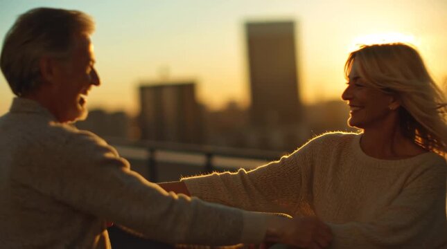 Intimate footage of a senior couple holding hands, spinning laughing on a city rooftop during golden hour skyline is blurred warm sunlight casts long shadows lens flares cinematic depth