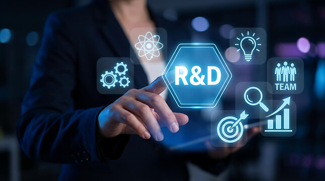 Businessman Touching R&D Digital Interface with Innovation Strategy and Team Collaboration Concept