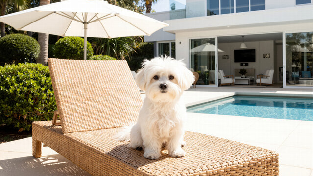 Cute small white dog relaxing on an outdoor lounge chair by a swimming pool for luxury pet friendly vacation and summer lifestyle concepts.
