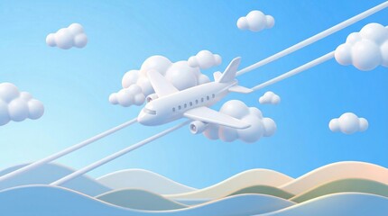 Naklejka premium Soaring High: An airplane gracefully glides through a sky of billowing clouds, a symbol of freedom, travel, and the open road. 