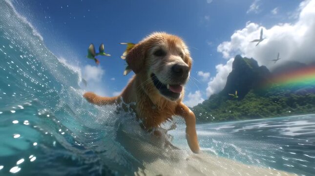 Golden retriever surfing giant rainbow wave tropical paradise, vivid crystal-clear water, sun glinting waves, distant lush green islands flying parrots exotic birds cinematic POV camera bright summer