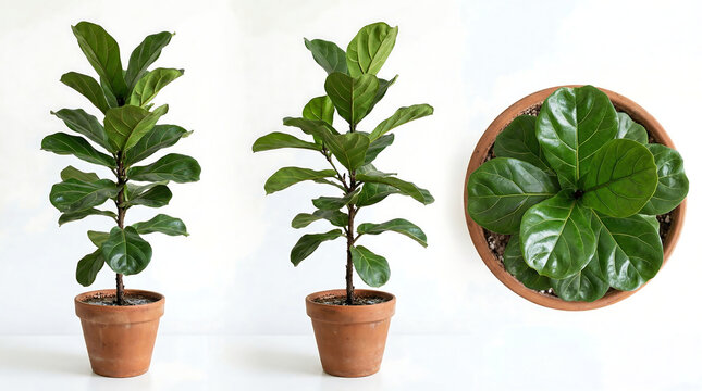 Fiddle leaf fig houseplant in terracotta pot with side and top views on white background