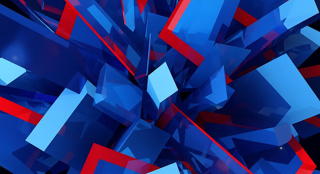 Blue Geometric Shapes Exploding with Red Accents