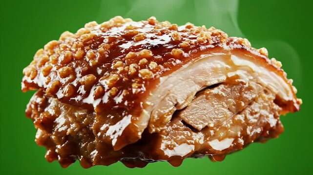 Crispy Pork Belly Lechon Asado with Savory Glaze and Crunchy Toppings Hot Steam Rising Perfect for Culinary Commercials