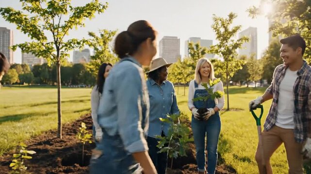 Diverse group planting sapling in urban park on sunny day