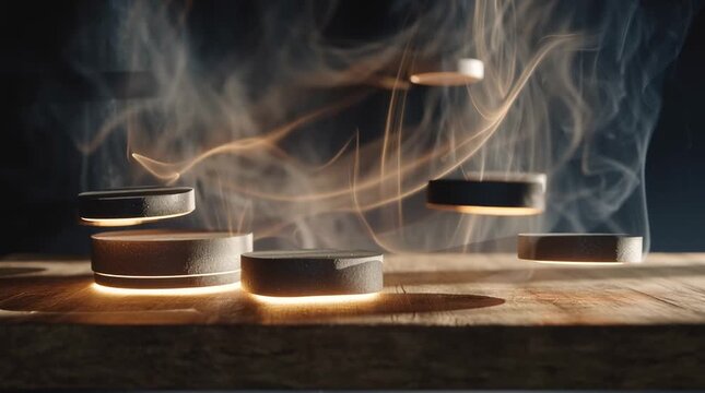 Everyday objects levitating wooden desk mist swirling glowing light streaks, cinematic 3D render, floating objects slow motion, dynamic edges, atmospheric cinematic conceptual and creative projects 4k