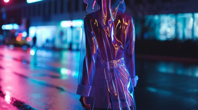 Cinematic slow-motion, fashion model walking neon-lit rainy city street, glossy translucent raincoat filled flowing neon liquid, reflective wet asphalt, colorful neon reflections, cinematic lighting