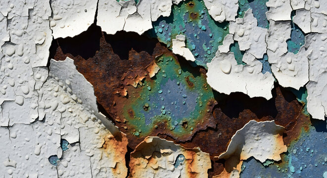 Rusty metal surface with peeling white paint