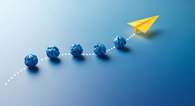 Business concept of individuality and leadership, a yellow paper airplane leading crumpled blue papers on a dotted line