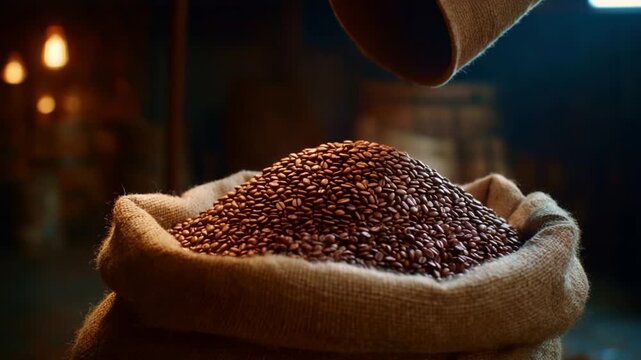 Roasted coffee beans pouring from sack into large burlap bag in rustic warehouse for export and distribution