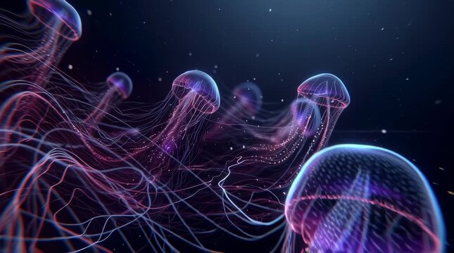 Endless dark ocean waves formed glowing neon circuits flowing data streams, holographic jellyfish marine creatures rising waves, ultra-detailed futuristic sci-fi aesthetic, cinematic lighting slow-mo