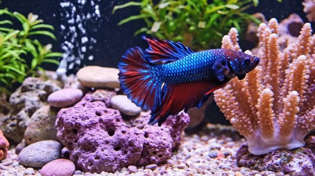 Stunning blue and red betta fish swimming elegantly in a vibrant aquarium with coral and plants