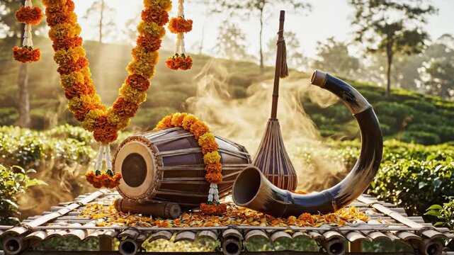 Vibrant rongali bihu instruments adorned with marigold garlands in a misty assamese tea garden.