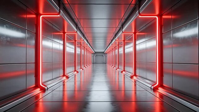 Futuristic corridor with red neon lights