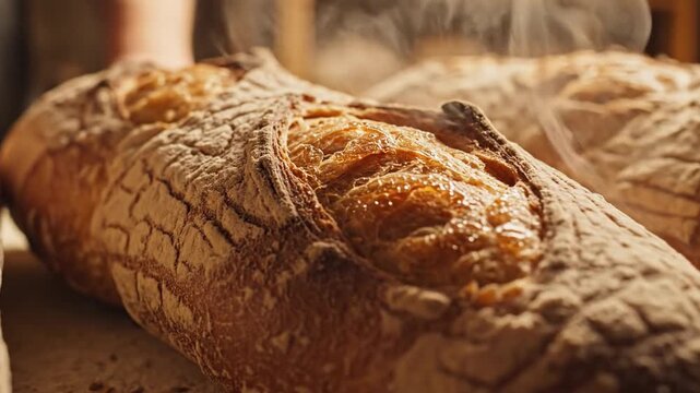 Artisan baguettes fresh from the oven, with faint steam rising, showcasing a golden crust and rustic texture, perfect for a warm and delicious meal.