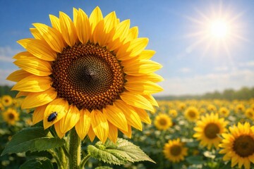 Fototapeta premium Vibrant close-up of a sunflower with a beetle in a sunny field under a clear blue sky