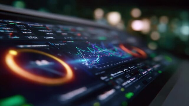 Dynamic financial data visualization on a modern digital screen displaying stock market trends and investment analytics motion footage