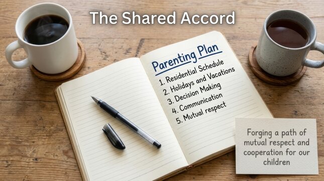 Open notebook detailing a parenting plan with key points like schedule, holidays, decision making, and communication.