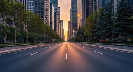 Fototapeta premium Urban Boulevard Towards Golden Sunset Cityscape