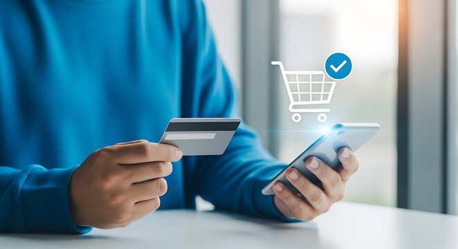 person holding credit card and smartphone with shopping cart icon