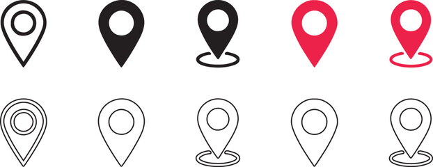 A collection of 8 map pin icons in various colors and line styles for navigation and location based applications © MSTKAJOLREKHA