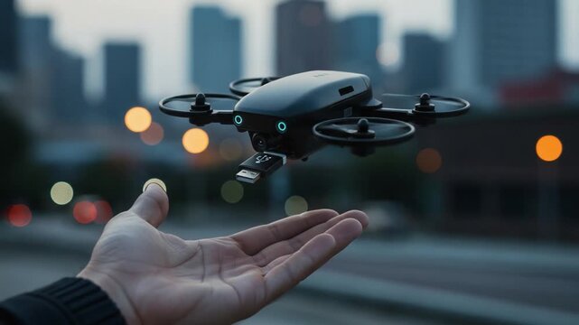 A small black drone with an attached USB drive hovers above a mans open palm against a blurred urban background with city lights